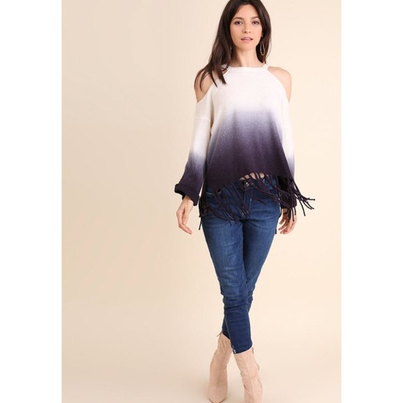 Umgee Ombre Cold Shoulder Fringe Sweater, Navy - Picture 2 of 6